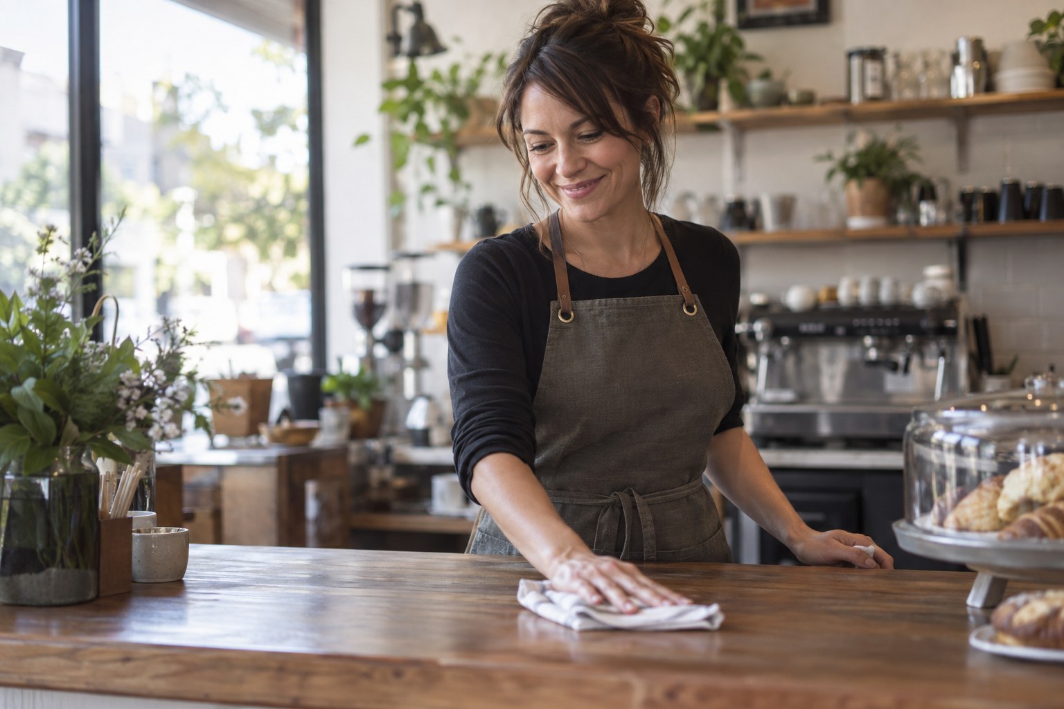 Café owner wiping down her counter