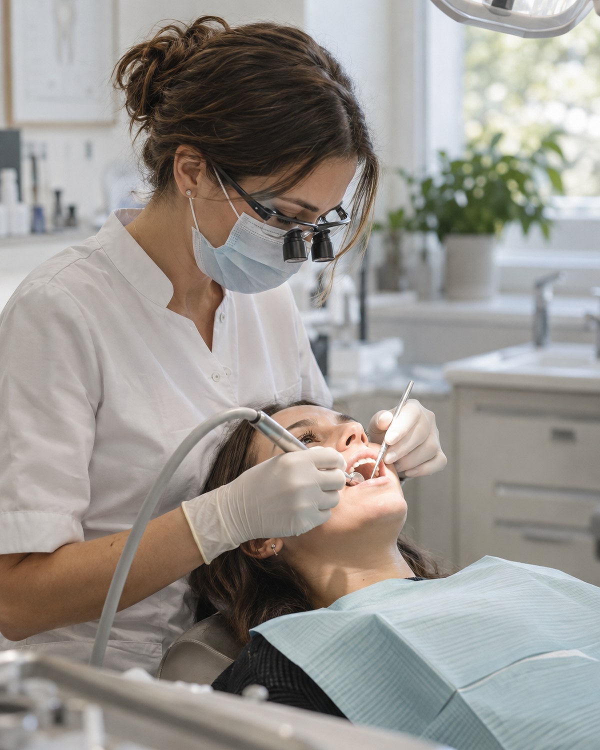 Dentist treating a patient in her clinic