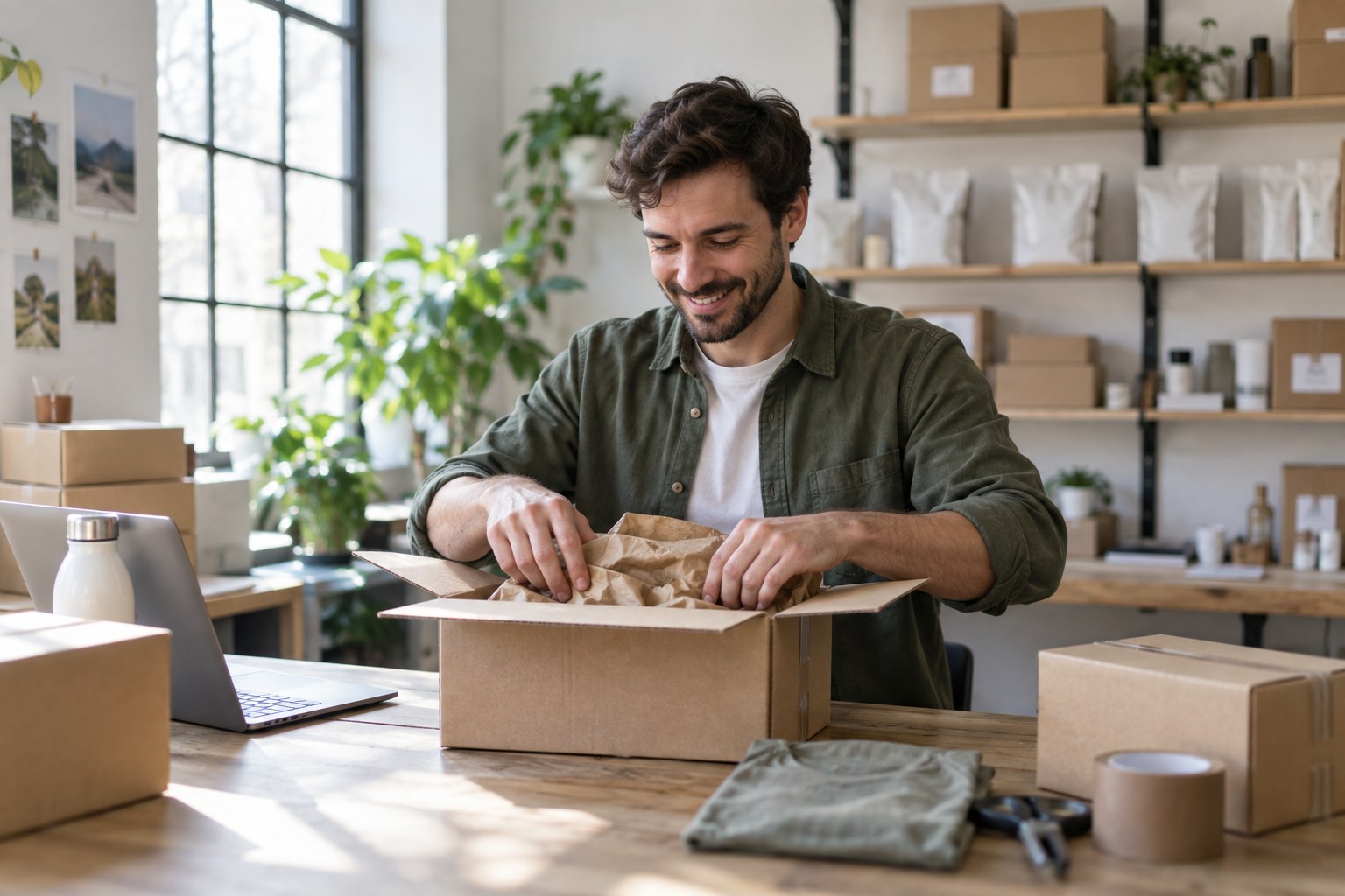 Online store owner packing an order