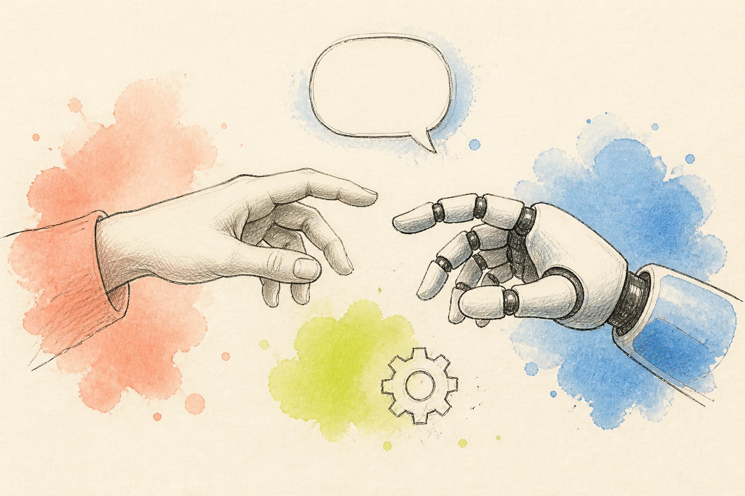 Hand-drawn illustration of a human hand and a robot hand reaching toward each other