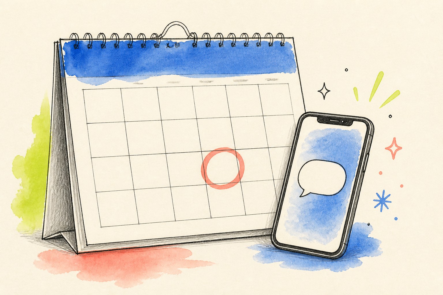 Hand-drawn illustration of a calendar with a booked date circled and a phone beside it