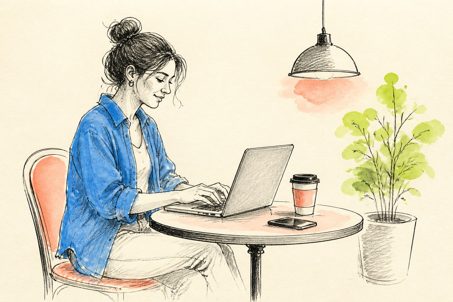 Hand-drawn illustration of a person working with laptop, coffee and phone at a cafe table