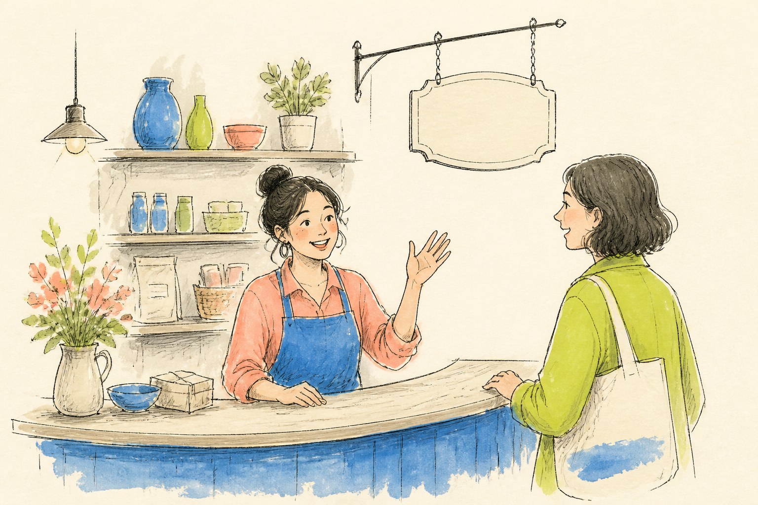 Hand-drawn illustration of a shopkeeper warmly greeting a customer at the counter