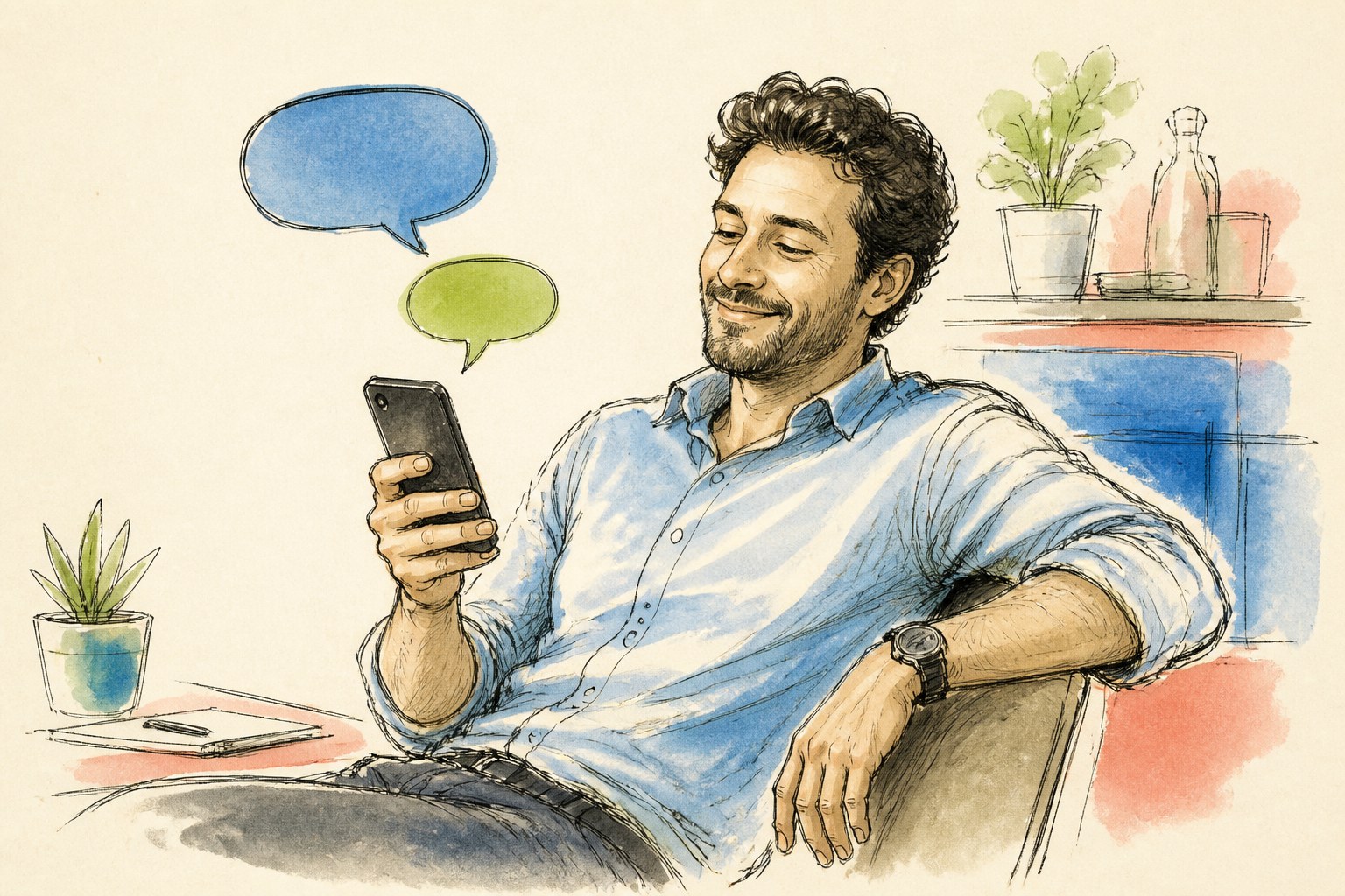 Hand-drawn illustration of a relaxed business owner texting on his phone