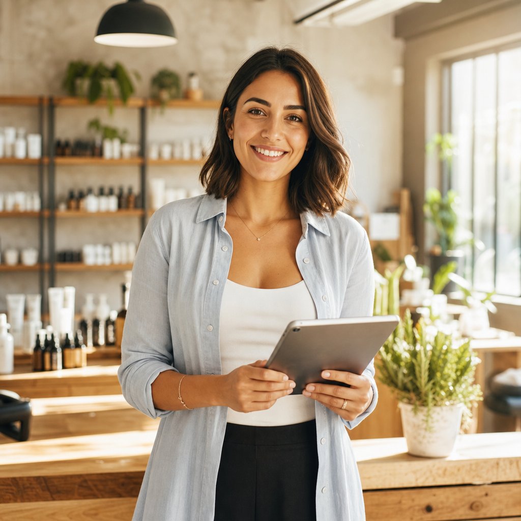 A confident small business owner smiling while holding a tablet showing her campaign results