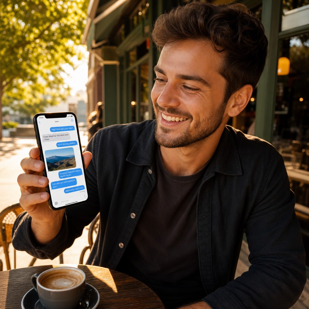 A man smiling at a text conversation on his phone, representing a reactivated lead replying warmly