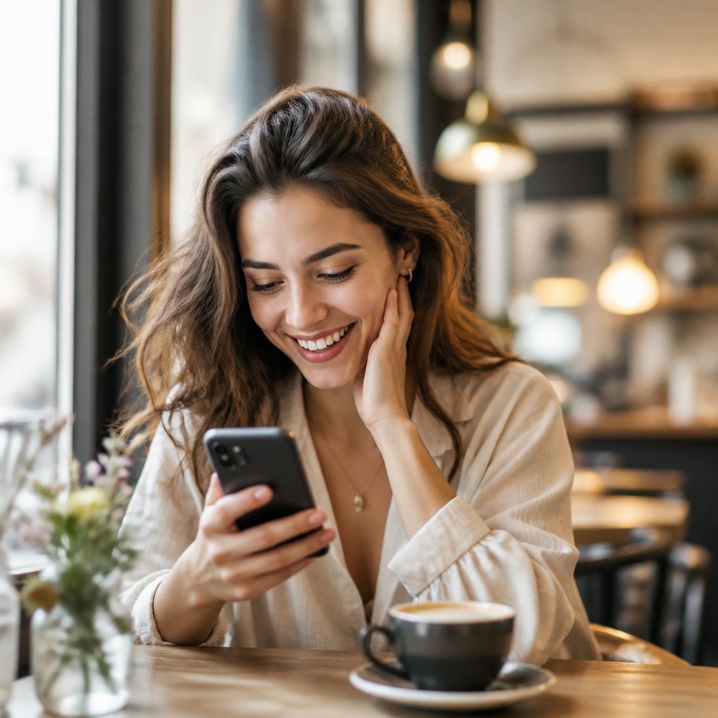 A woman smiling warmly while reading a text message reply on her phone in a sunlit cafe