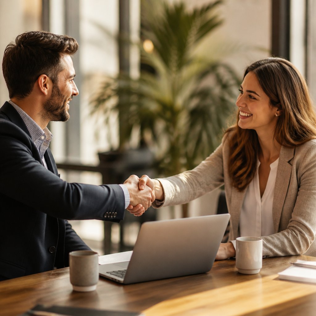 Two people shaking hands warmly across a table, representing a genuine business partnership rather than a client relationship