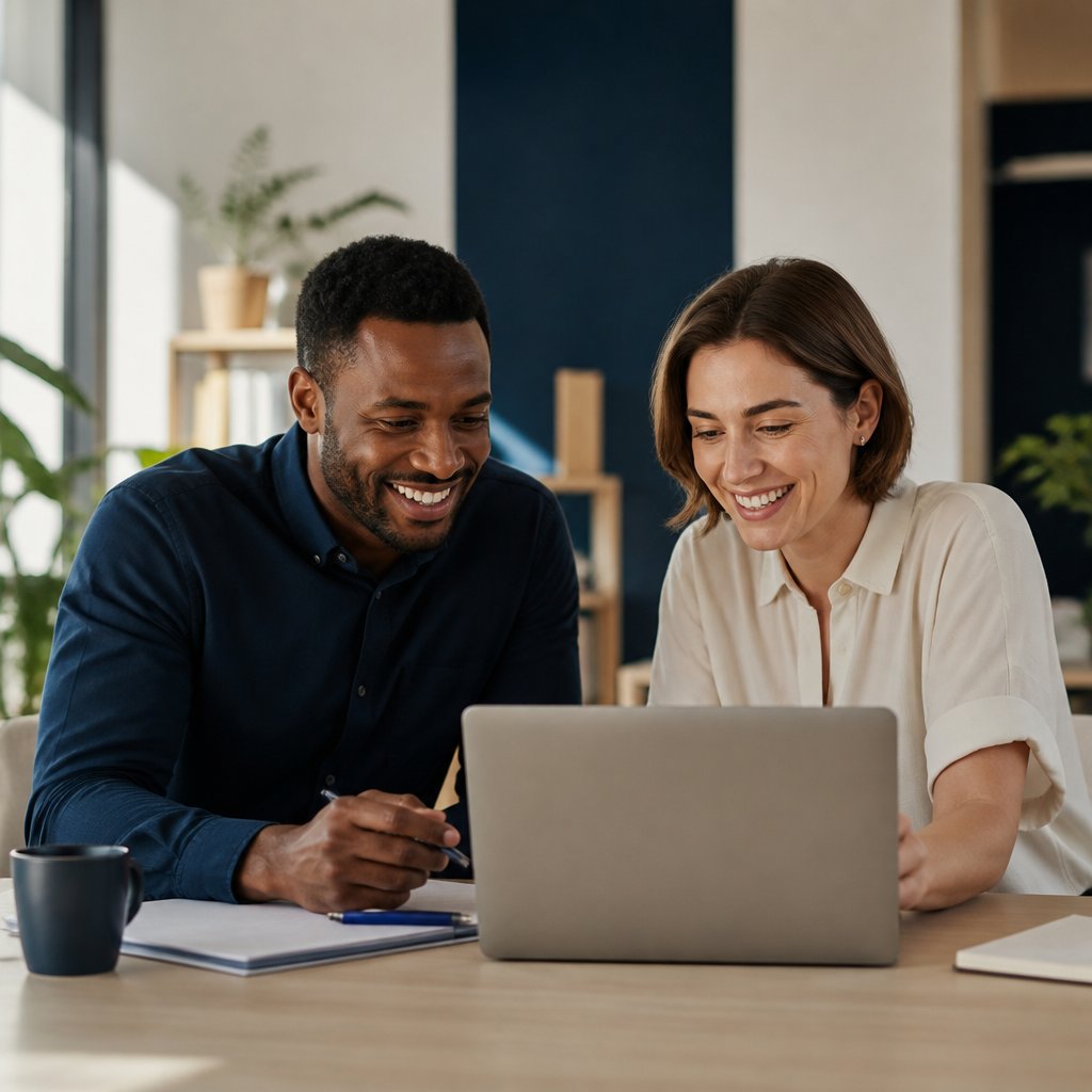 Two colleagues smiling together while reviewing campaign results on a laptop